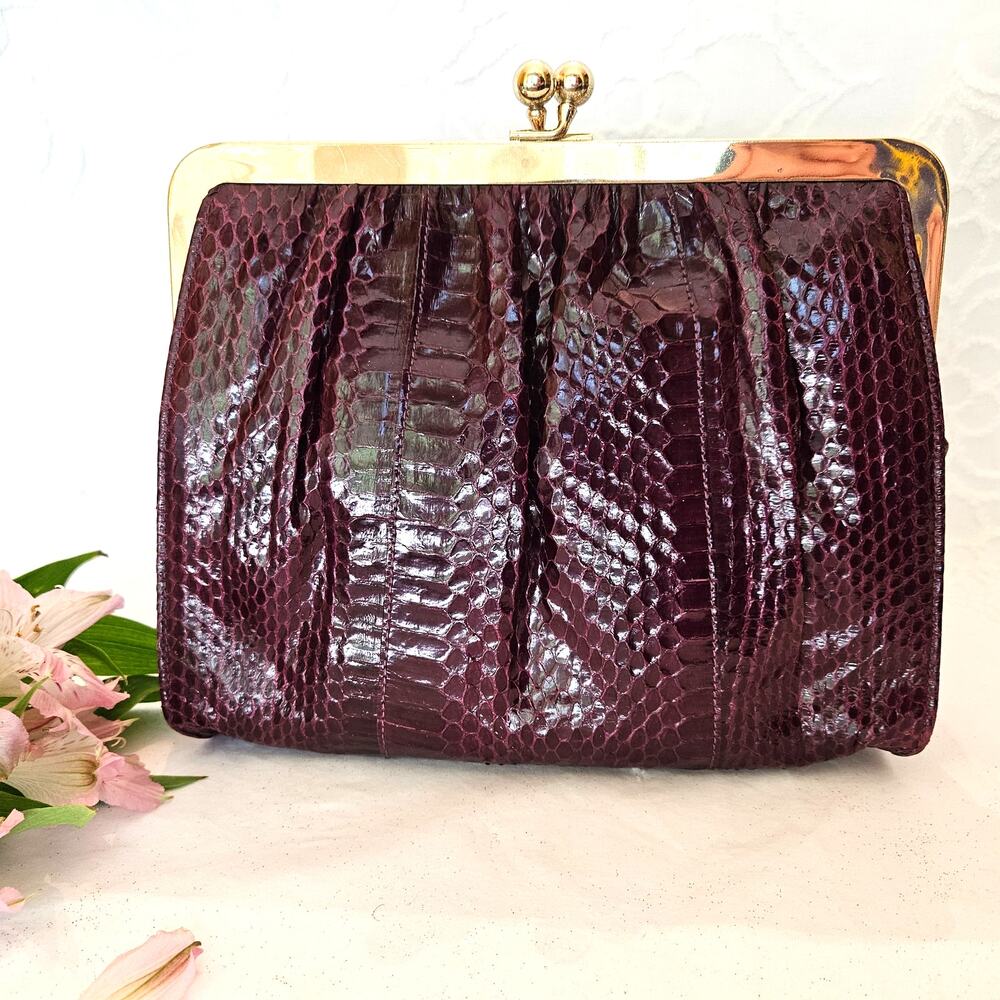 Vintage Shirl Miller Oxblood Snakeskin Kiss Lock Clutch